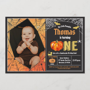 Halloween pumpkin baby boy 1st birthday photo invitation