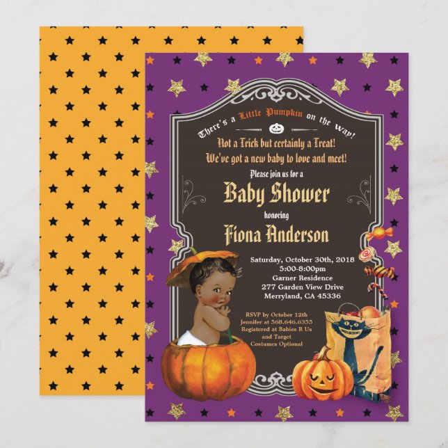 Halloween pumpkin baby boy shower purple gold invitation (Front/Back)