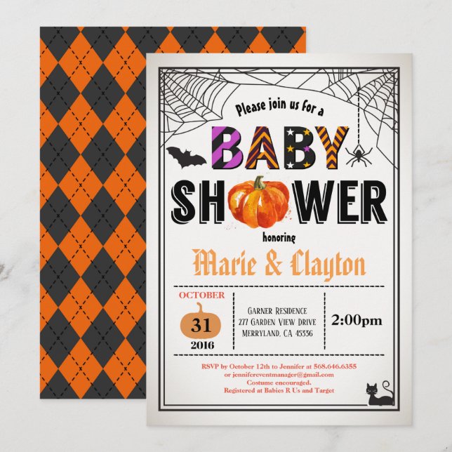 Halloween pumpkin baby shower gender neutral invitation (Front/Back)