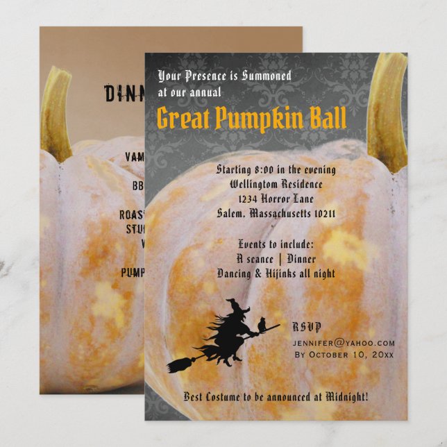 Halloween Pumpkin Ball + Menu Witch Invitation (Front/Back)