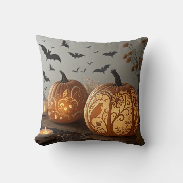 "Halloween Pumpkin & Bat Pattern Cushion" Cushion (Front)