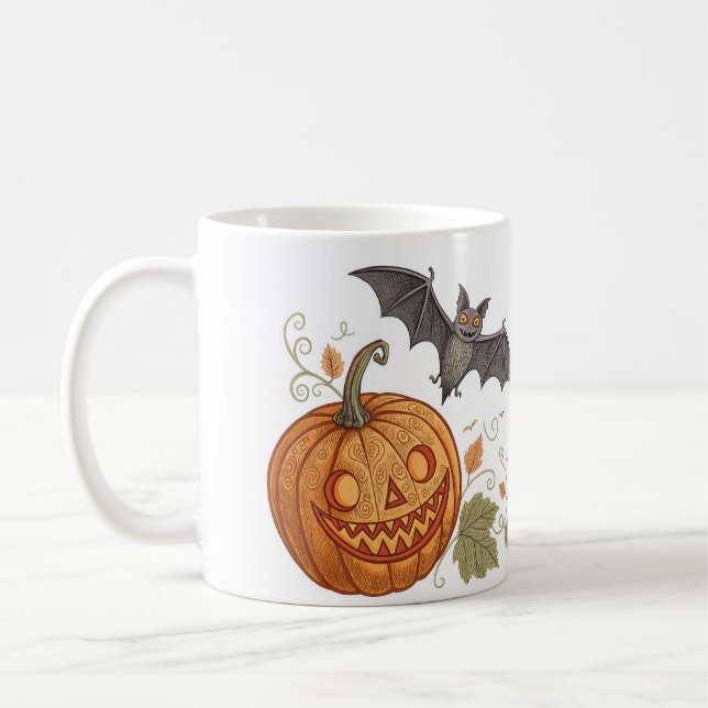 "Halloween Pumpkin & Bat Pattern Mug" Coffee Mug (Left)