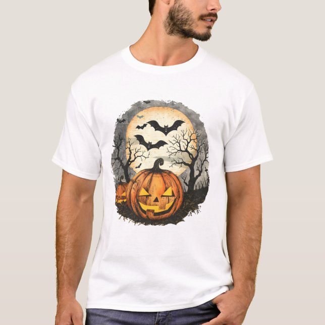 Halloween Pumpkin & Bats T-Shirt (Front)