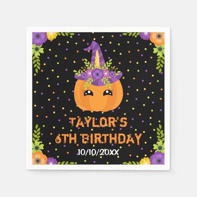 Halloween Pumpkin Birthday Black and Orange Napkin (Front)