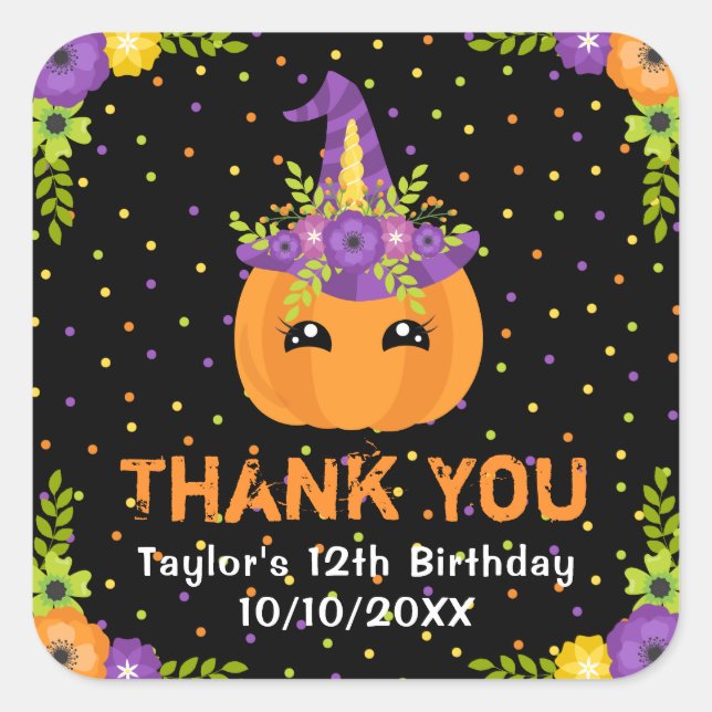 Halloween Pumpkin Birthday Black Thank You Square  Sticker (Front)