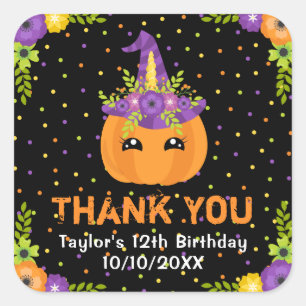 Halloween Pumpkin Birthday Black Thank You Square  Sticker