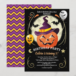 Halloween pumpkin birthday party black orange gold invitation