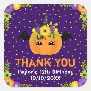 Halloween Pumpkin Birthday Purple Thank You Square Square Sticker