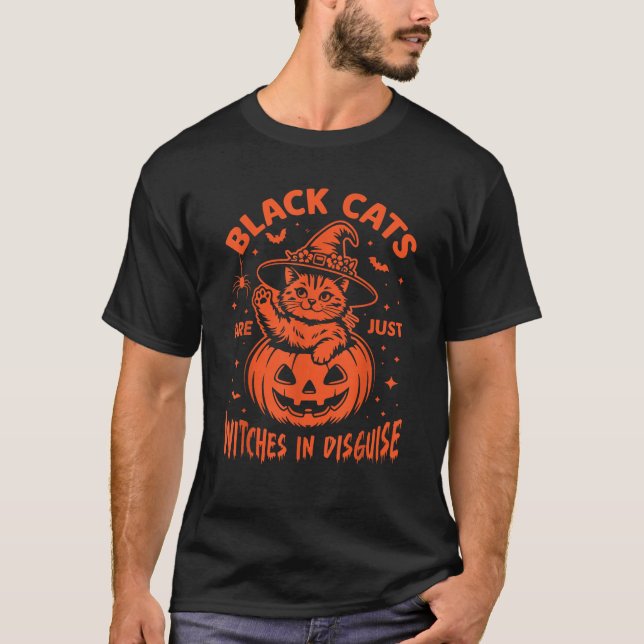 Halloween Pumpkin Black Cat Print with Hat Witch P T-Shirt (Front)