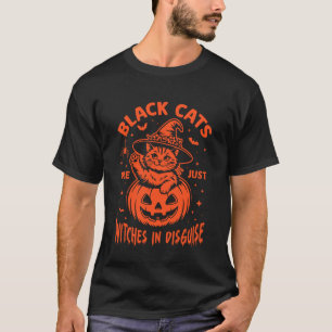 Halloween Pumpkin Black Cat Print with Hat Witch, T-Shirt
