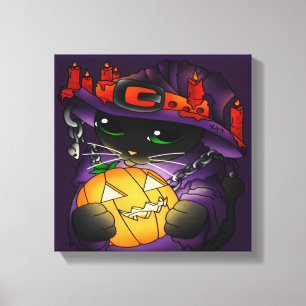 Halloween Pumpkin Black Witch Cat Canvas Print