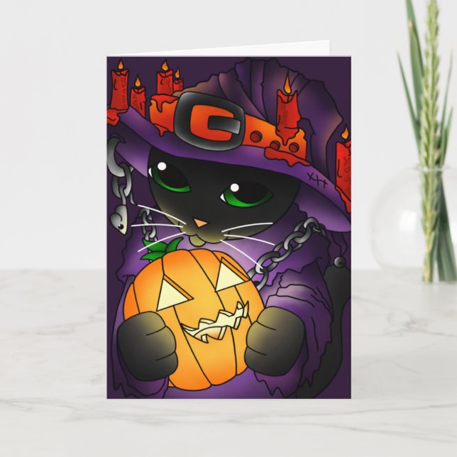 Halloween Pumpkin Black Witch Cat Card (Front)