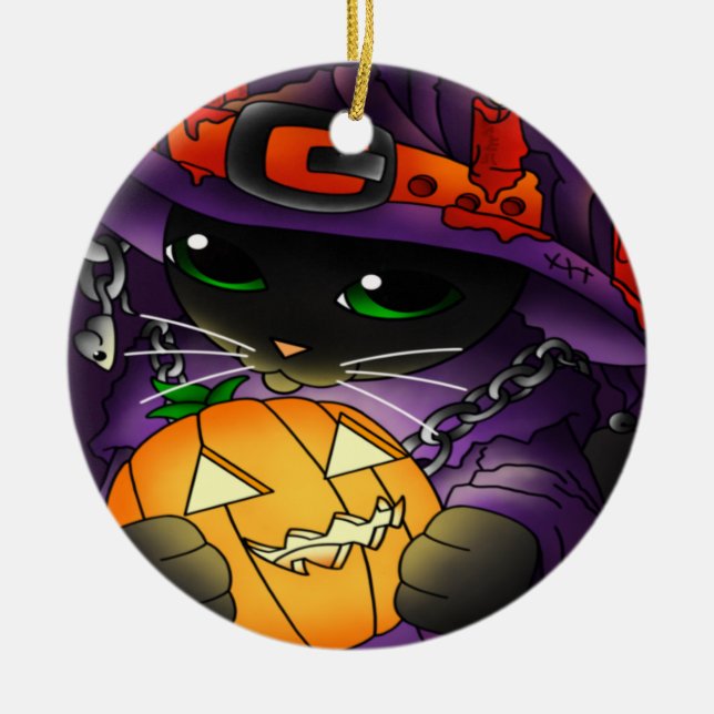 Halloween Pumpkin Black Witch Cat Ceramic Tree Decoration (Front)