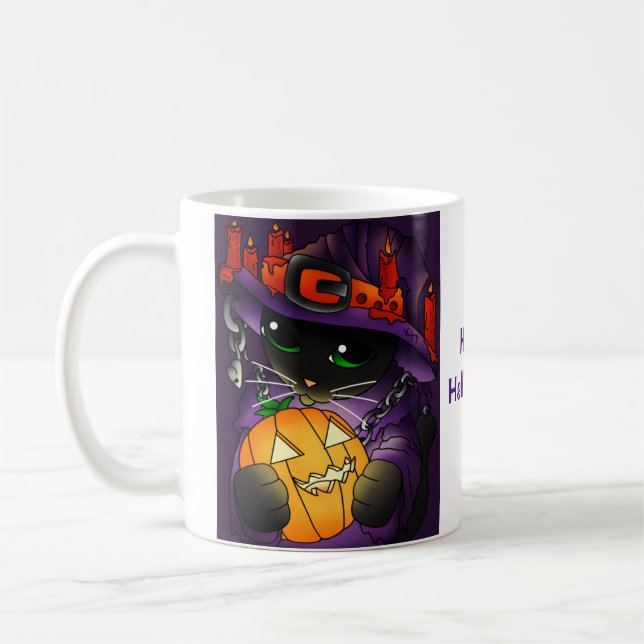 Halloween Pumpkin Black Witch Cat Coffee Mug (Left)