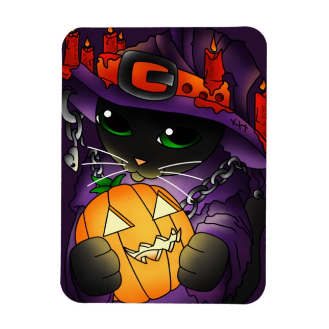 Halloween Pumpkin Black Witch Cat Magnet (Vertical)