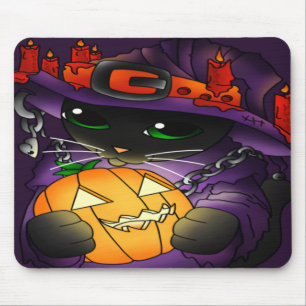 Halloween Pumpkin Black Witch Cat Mouse Mat