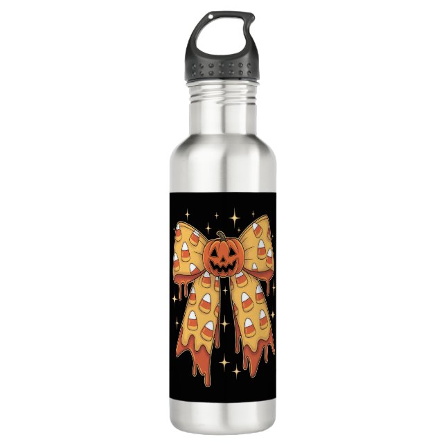 Halloween Pumpkin Bow Candy Corn 710 Ml Water Bottle (Front)