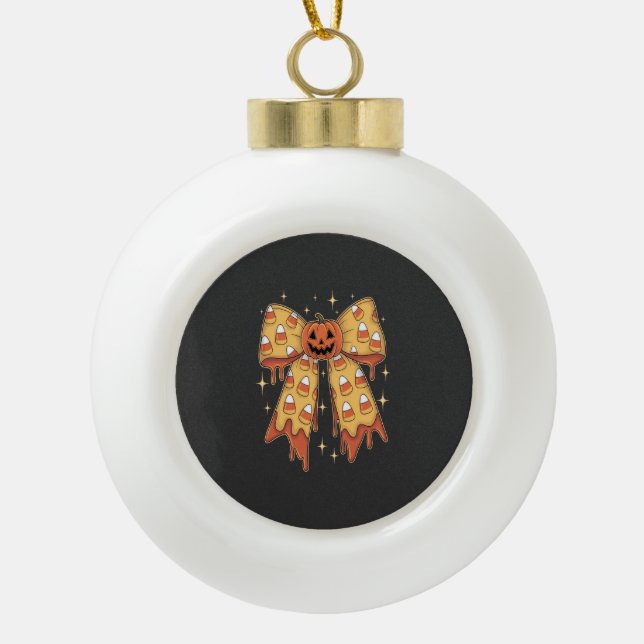 Halloween Pumpkin Bow Candy Corn Ceramic Ball Christmas Ornament (Front)