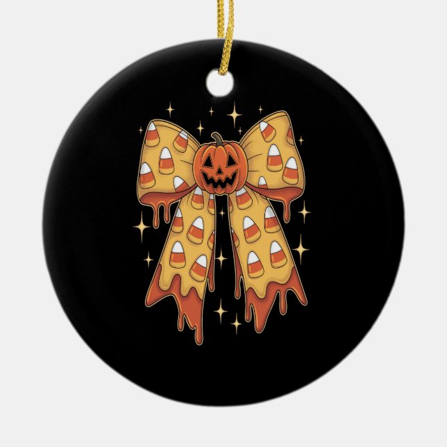 Halloween Pumpkin Bow Candy Corn Ceramic Tree Decoration (Front)