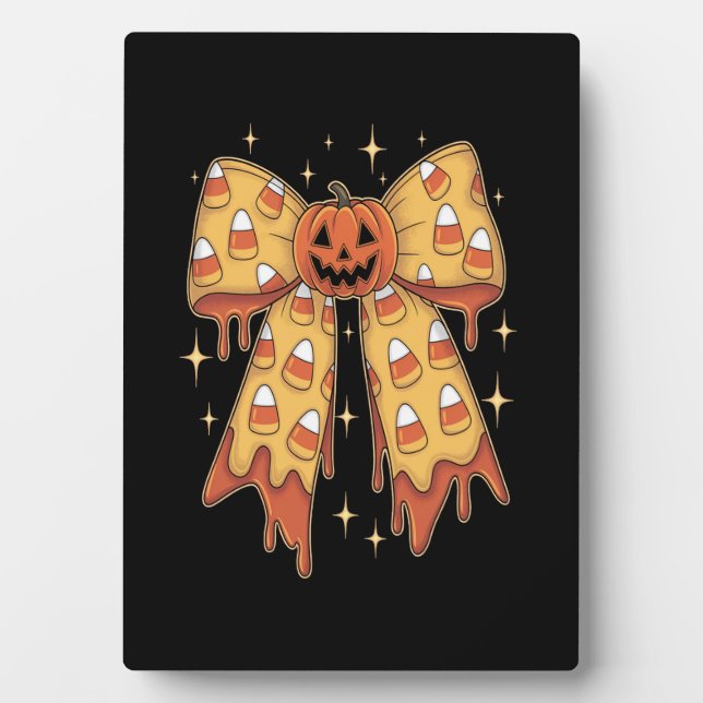 Halloween Pumpkin Bow Candy Corn Plaque (Front)