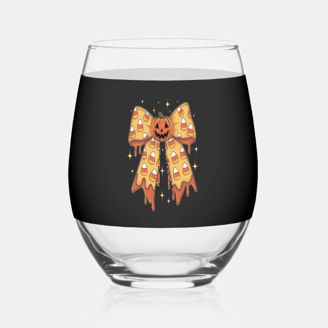 Halloween Pumpkin Bow Candy Corn Stemless Wine Glass (Front)