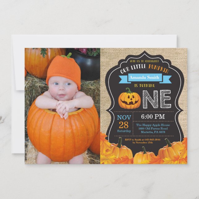 Halloween Pumpkin Boy 1st Birthday Blue Burlap Invitation (Front)