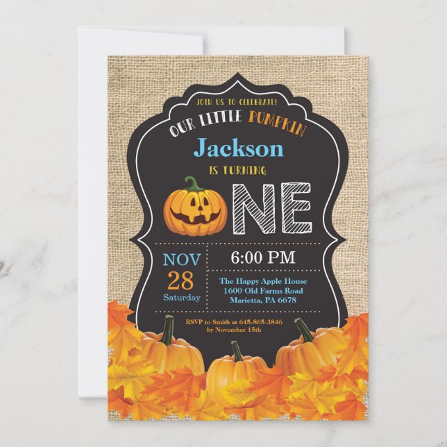 Halloween Pumpkin Boy 1st Birthday Blue Burlap Invitation (Front)
