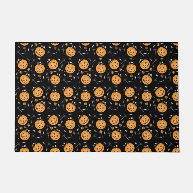 Halloween Pumpkin Candy Bucket Black Orange Doormat (Front)