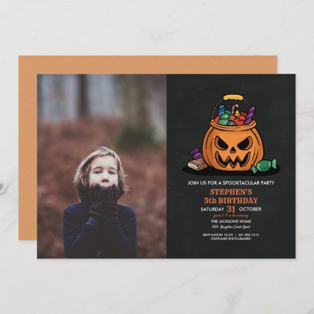 Halloween Pumpkin Candy Kid Photo Birthday Party Invitation (Front/Back)