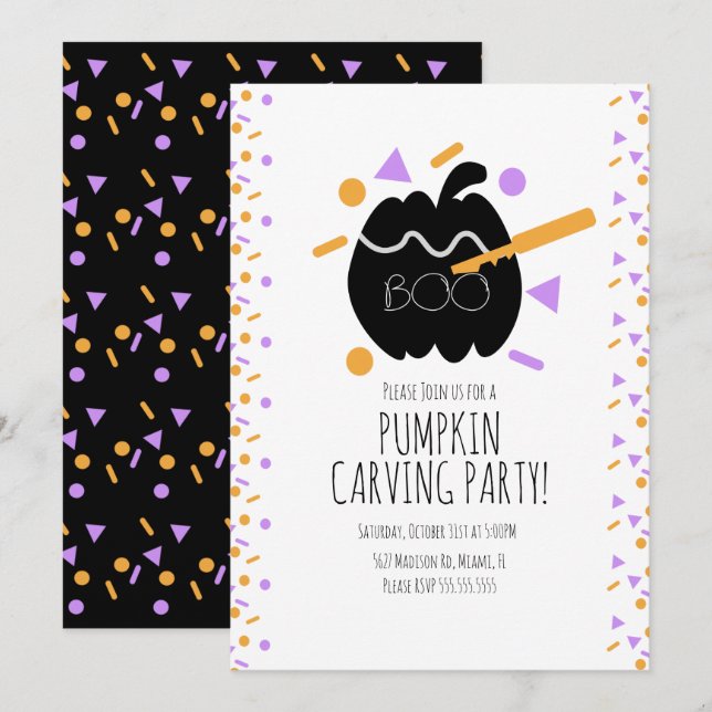 Halloween Pumpkin Carving Black Pumpkin Confetti Invitation (Front/Back)