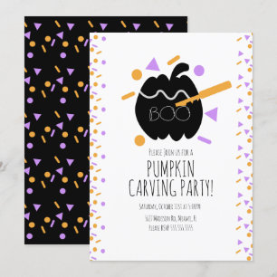 Halloween Pumpkin Carving Black Pumpkin Confetti Invitation