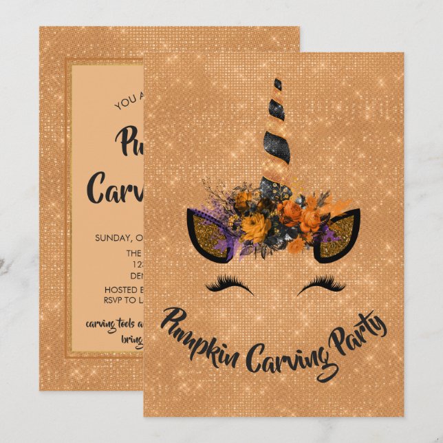 Halloween Pumpkin Carving Party Unicorn Invitation (Front/Back)