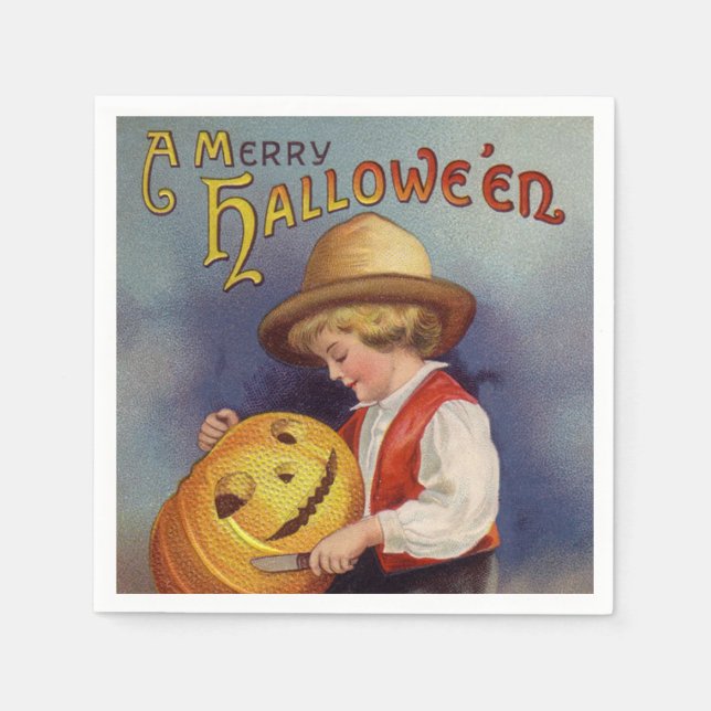 Halloween pumpkin carving party vintage napkin (Front)