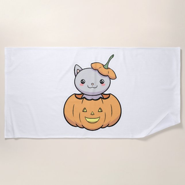 Halloween Pumpkin Cat   Beach Towel (Front)
