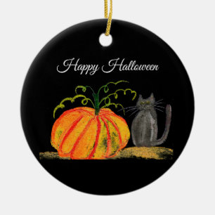 Halloween Pumpkin Cat Cute Orange Ceramic Tree Decoration