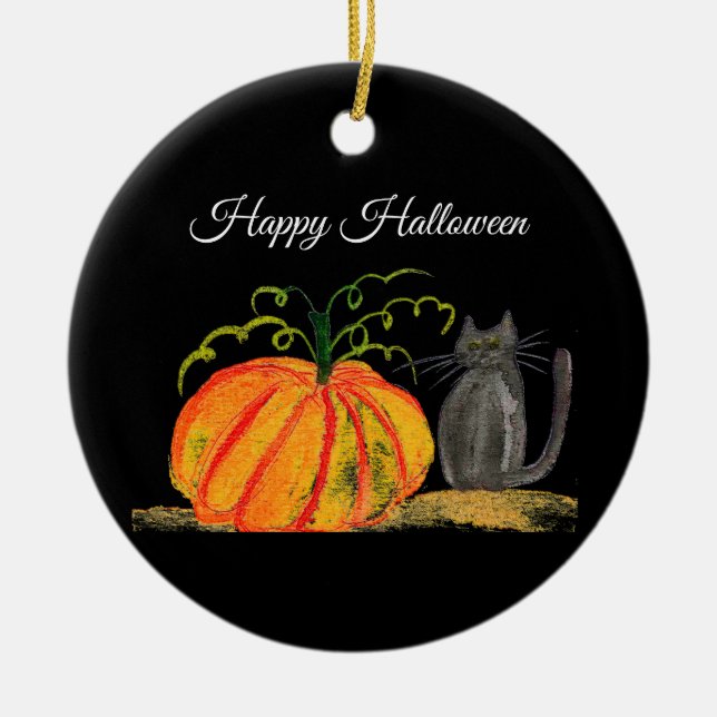 Halloween Pumpkin Cat Cute Orange  Ceramic Tree Decoration (Front)