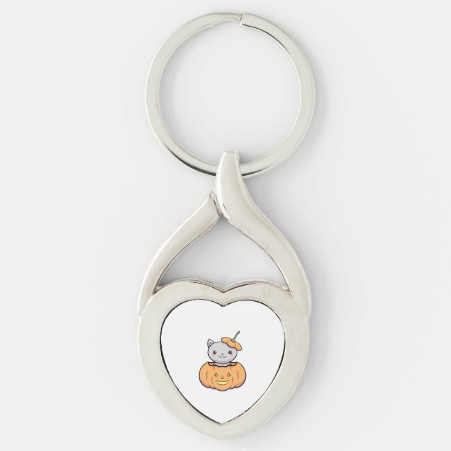 Halloween Pumpkin Cat   Key Ring (Front)