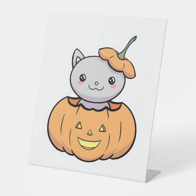 Halloween Pumpkin Cat   Pedestal Sign (Front)