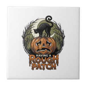 Halloween Pumpkin Cat Rough Patch Vintage Engravin Tile