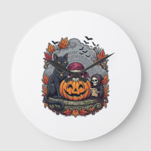 Halloween Pumpkin Cat Skull Grim Reaper Autumn Lea Large Clock