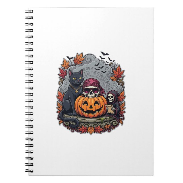 Halloween Pumpkin Cat Skull Grim Reaper Autumn Lea Notebook (Front)