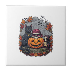 Halloween Pumpkin Cat Skull Grim Reaper Autumn Lea Tile