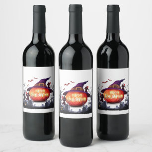 Halloween Pumpkin, Cats & Witch Ha Wine Label