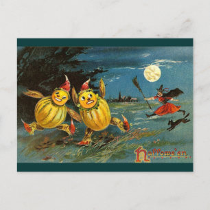 Halloween Pumpkin Characters and Witch Postcard