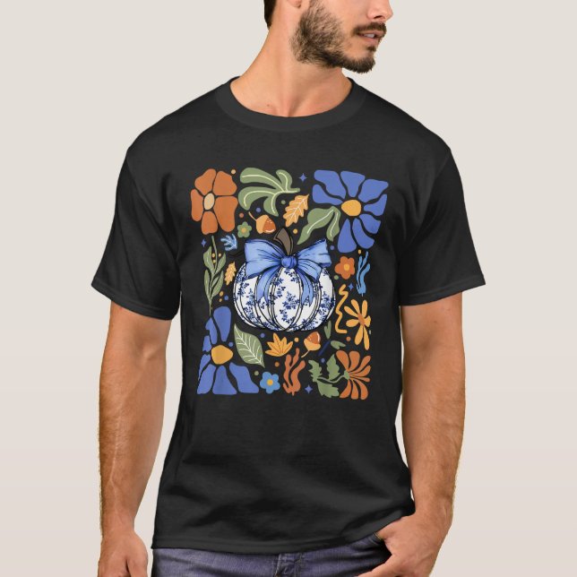 Halloween Pumpkin Chinoiserie Blue White Florals P T-Shirt (Front)