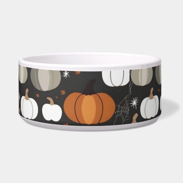 Halloween Pumpkin & Cobweb Dog Bowl – Fall Colours (Front)