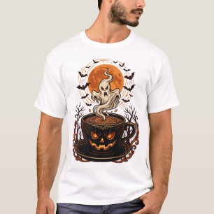 Halloween Pumpkin Coffee Cup Ghost Full Moon Bats T-Shirt