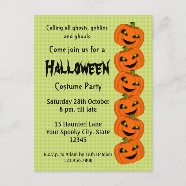 Halloween Pumpkin Costume Party Invitation Postcard (Front)