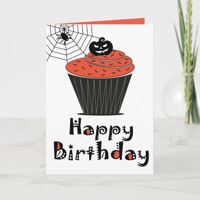 Halloween Pumpkin Cupcake Happy Birthday Card (Front)