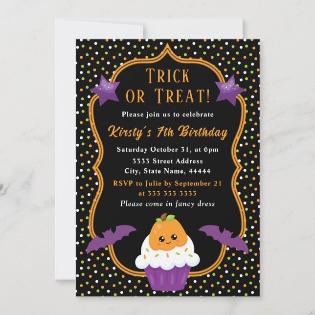 Halloween Pumpkin Cupcake & Polka Dots Birthday Invitation (Front)